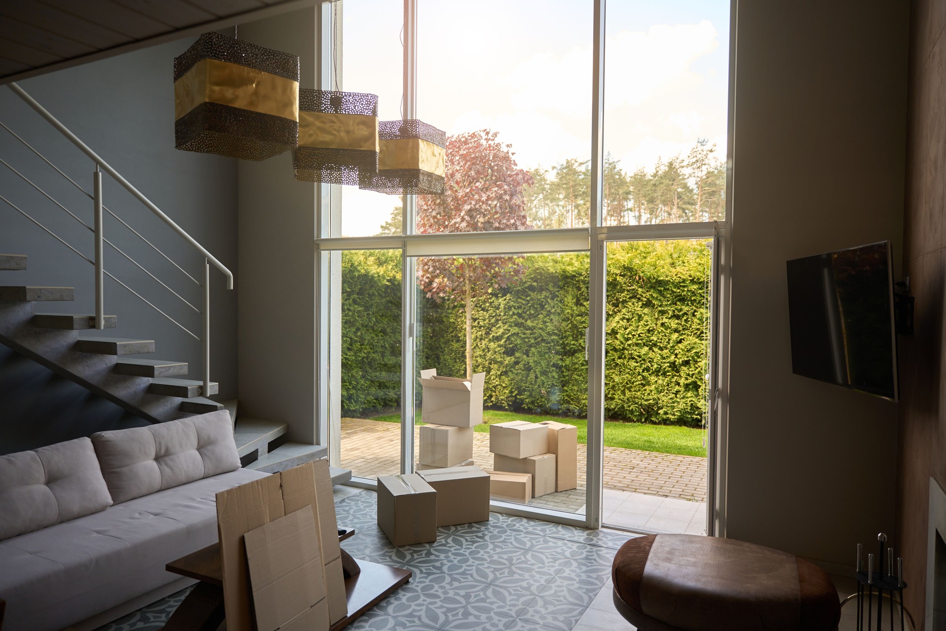 View of garden through glass of modern room