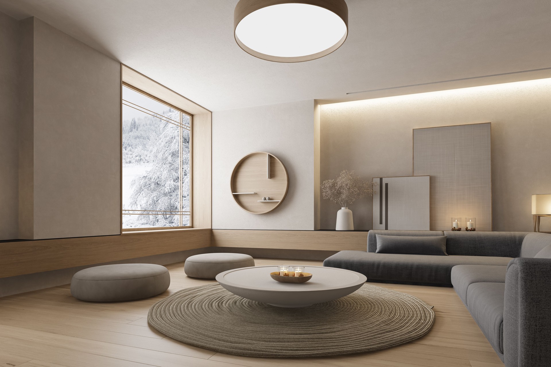 Japandi Living Room Interior with Matte Natural Finishes and Minimalist Decor